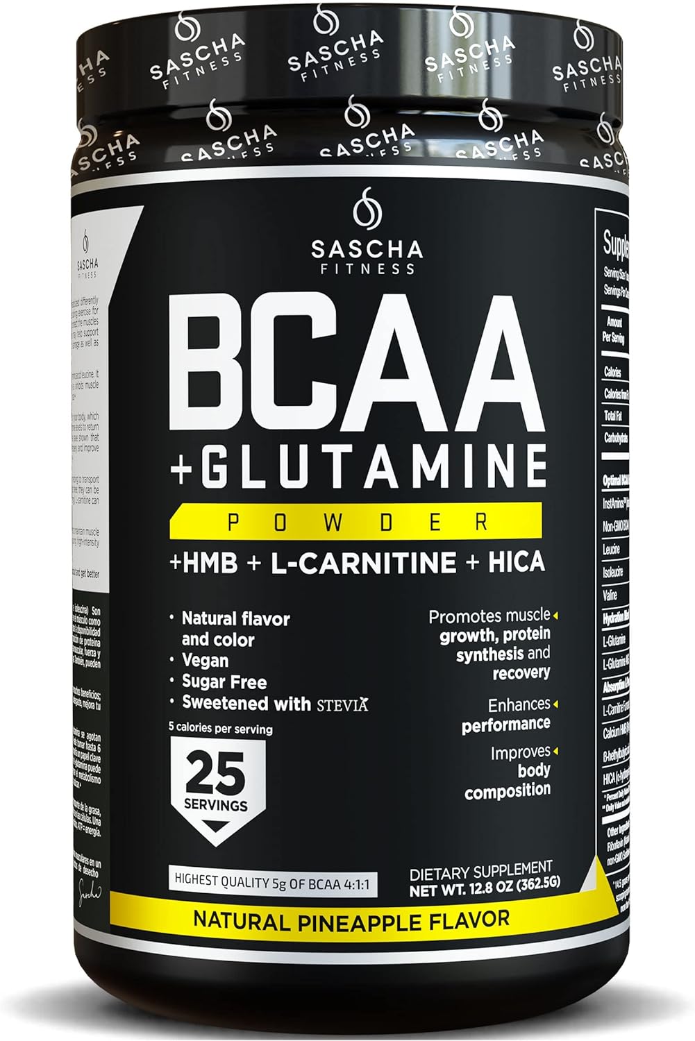 SASCHA FITNESS BCAA 4:1:1 + Glutamine,HMB,L-Carnitine, HICA | Powerful and Instant Powder Blend with Branched Chain Amino Acids (BCAAs) for Pre, Intra and Post-Workout|Natural Pineapple Flavor,362.5g