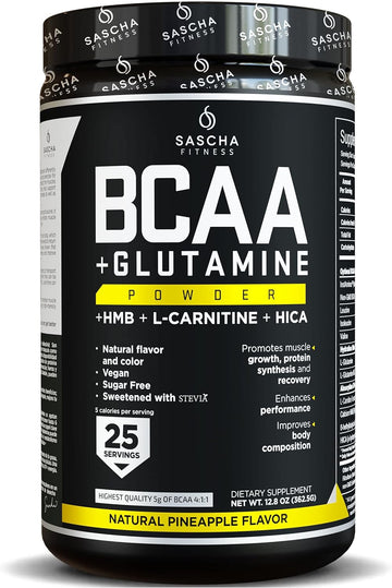 SASCHA FITNESS BCAA 4:1:1 + Glutamine,HMB,L-Carnitine, HICA | Powerful and Instant Powder Blend with Branched Chain Amino Acids (BCAAs) for Pre, Intra and Post-Workout|Natural Pineapple Flavor,362.5g