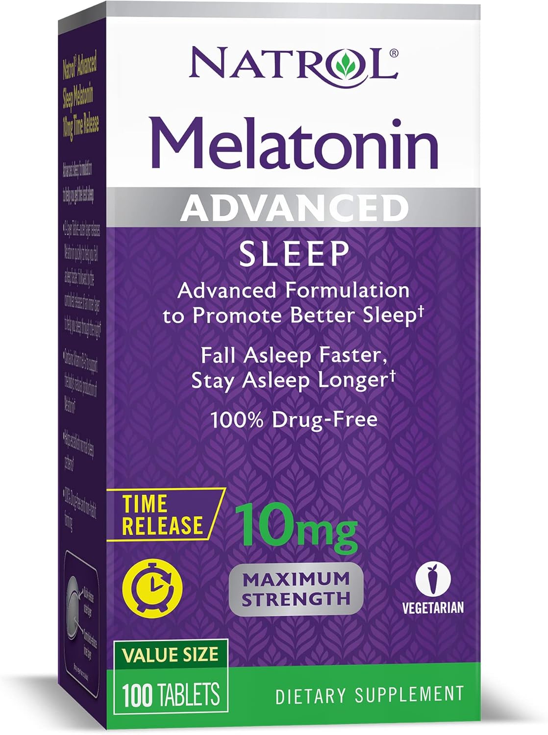 Natrol Advanced Sleep Melatonin 10mg, Dietary Supplement for Restful Sleep, 100 Time-Release Tablets, 100 Day Supply - (Pack of 12)