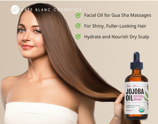 Kate Blanc Cosmetics Jojoba Oil For Hair, Face & Skin. Gua Sha Oil For Face Massage And Dermaplaning (4Oz, Organic, 100% Pure, Natural)