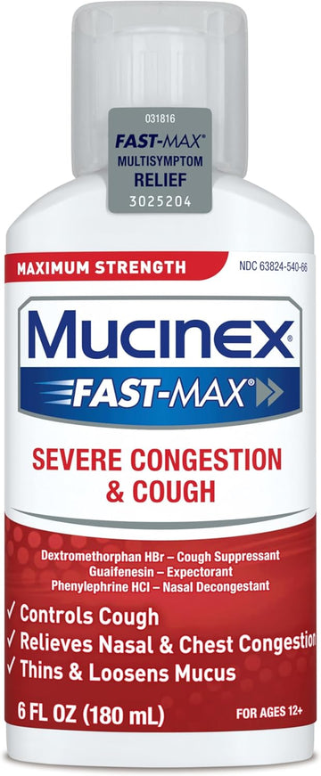 Mucinex Fast-Max Kickstart Severe Congestion & Cough Liquid, Maximum Strength Dextromethorphan Hbr Cough Medicine For Adults, Guaifenesin For Excess Mucus Relief, Menthol Flavor, 6 Fl Oz
