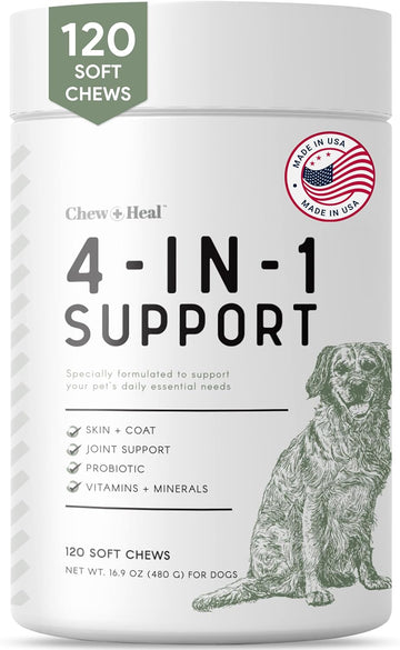 Chew + Heal All in 1 Dog Vitamin - 120 Soft Chew Treats - Chewable Multivitamin with Probiotics, Digestive Enzymes, for Skin and Coat, Hip and Joint Support - with Omega, Calcium - Made in The USA