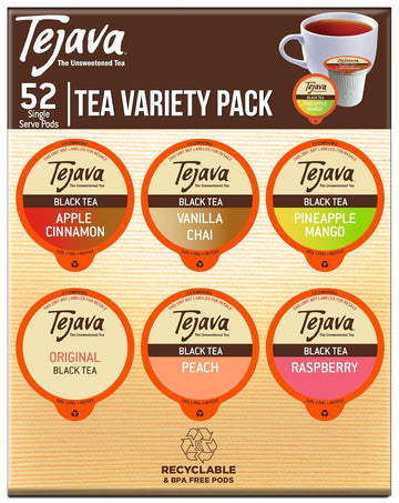 Tejava Tea Variety Pack, 52Ct, 6 Assorted Blends, All Natural Unsweetened Flavored Recyclable Single Serve Black Tea Pods, Tea Leaves Sourced Exclusively From Rainforest Alliance Certified™ Farms