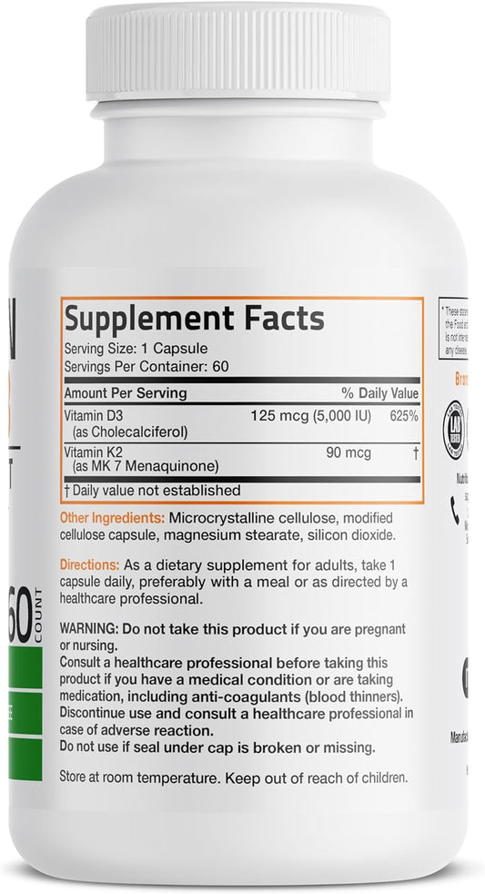 Bronson Vitamin K2 (Mk7) With D3 Supplement Non-Gmo Formula 5000 Iu Vitamin D3 & 90 Mcg Vitamin K2 Mk-7 Easy To Swallow Vitamin D & K Complex, 60 Capsules