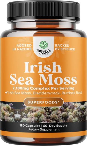 Organic Irish Sea Moss Capsules - Organic Sea Moss Pills With 2100Mg Serving Superfood Complex With Bladderwrack Burdock Root And Bioperine For Immune Skin & Thyroid Support - Vegan Non-Gmo (2 Month)