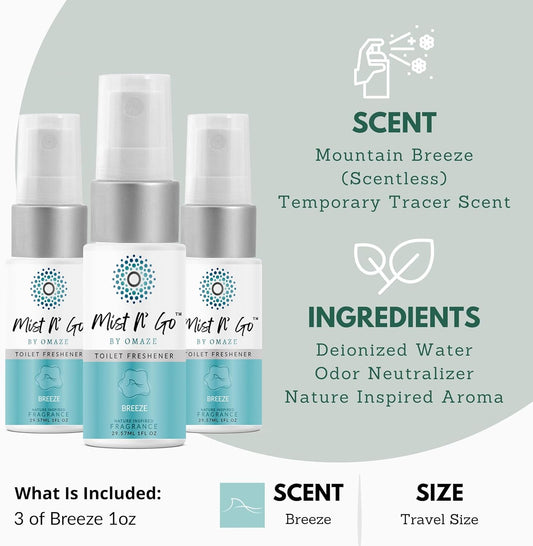 Mist N' Go by OMAZE Breeze Scent Toilet Spray For Poop - Bathroom Spray Odor Eliminator Use Before You Sit On Toilet - Bathroom Poop Spray For Toilet Use For Travelling - Pocket Size (1oz x3)