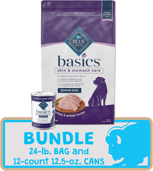 Blue Buffalo Basics Limited Ingredient Diet, Natural Senior Dog Food Bundle, Dry Dog Food And Wet Dog Food, Turkey (24-Lb Dry Food + 12.5Oz Cans 12Ct)