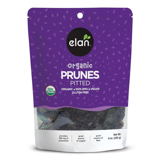 Elan Organic Pitted Prunes, Natural Dried Fruit, No Sugar Added, Sulphite-free, Non-GMO, Vegan, Gluten-Free, Kosher, Healthy Snack, Dried Plums, 8 pack of 7.9 oz