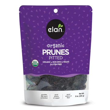 Elan Organic Pitted Prunes, 7.9 Oz, Natural Dried Fruit, No Sugar Added, Sulphite-Free, Non-Gmo, Vegan, Gluten-Free, Kosher, Healthy Snack, Dried Plums