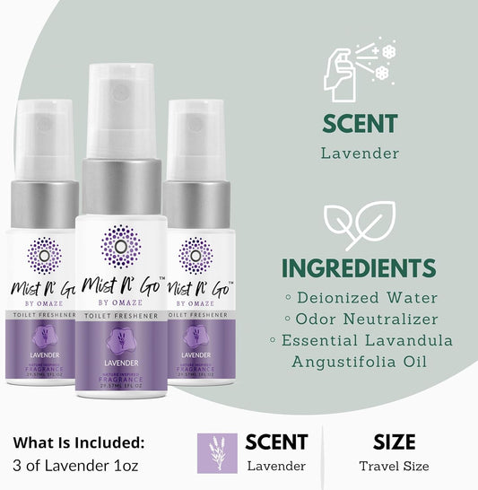 Mist N' Go by OMAZE Lavender Scent Toilet Spray For Poop - Bathroom Spray Odor Eliminator Use Before You Sit On Toilet - Bathroom Poop Spray For Toilet Use For Travelling - Pocket Size (1oz x3)