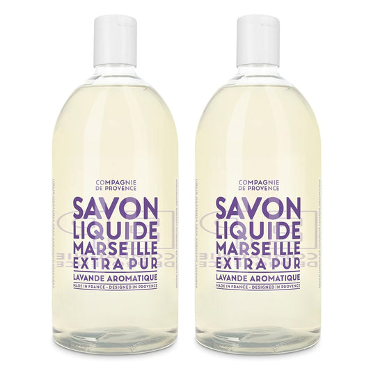 Compagnie De Provence Savon De Marseille Extra Pure Liquid Soap, Aromatic Lavender, Two 33.8 Fl Oz Plastic Bottle Refills