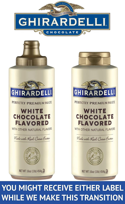 Ghirardelli Sea Salt Caramel and White Chocolate Flavored Sauce Squeeze Bottles, 16 Ounce (Pack 2) with Ghirardelli Stamped Barista Spoon