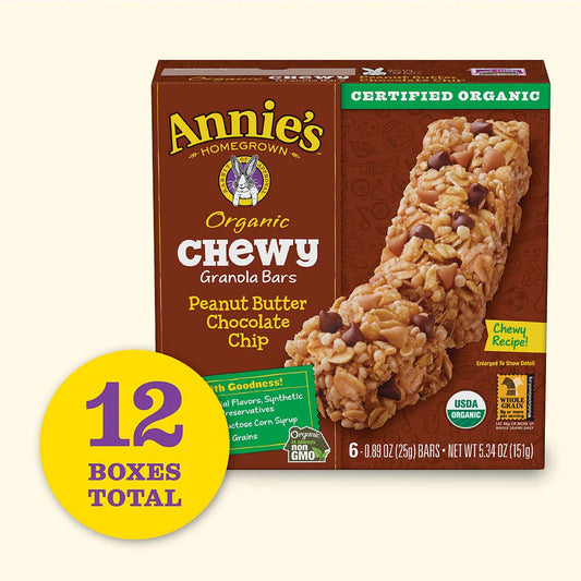 Annie'S Organic Chewy Granola Bars, Peanut Butter Chocolate Chip, 6 Bars, 5.34 Oz (Pack Of 12)