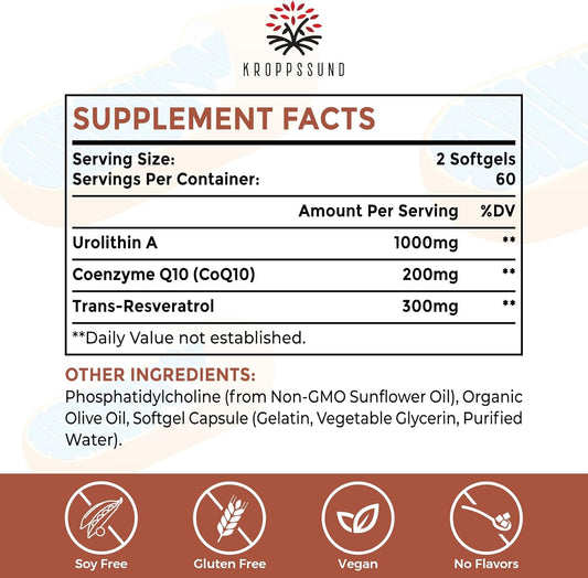 Liposomal Urolithin A Supplement 1500 mg + CoQ10 + Trans-Resveratrol, Premium Cellular Energy Regeneration, Optimal Mitochondrial Function, Antioxidants ? 240 Softgels