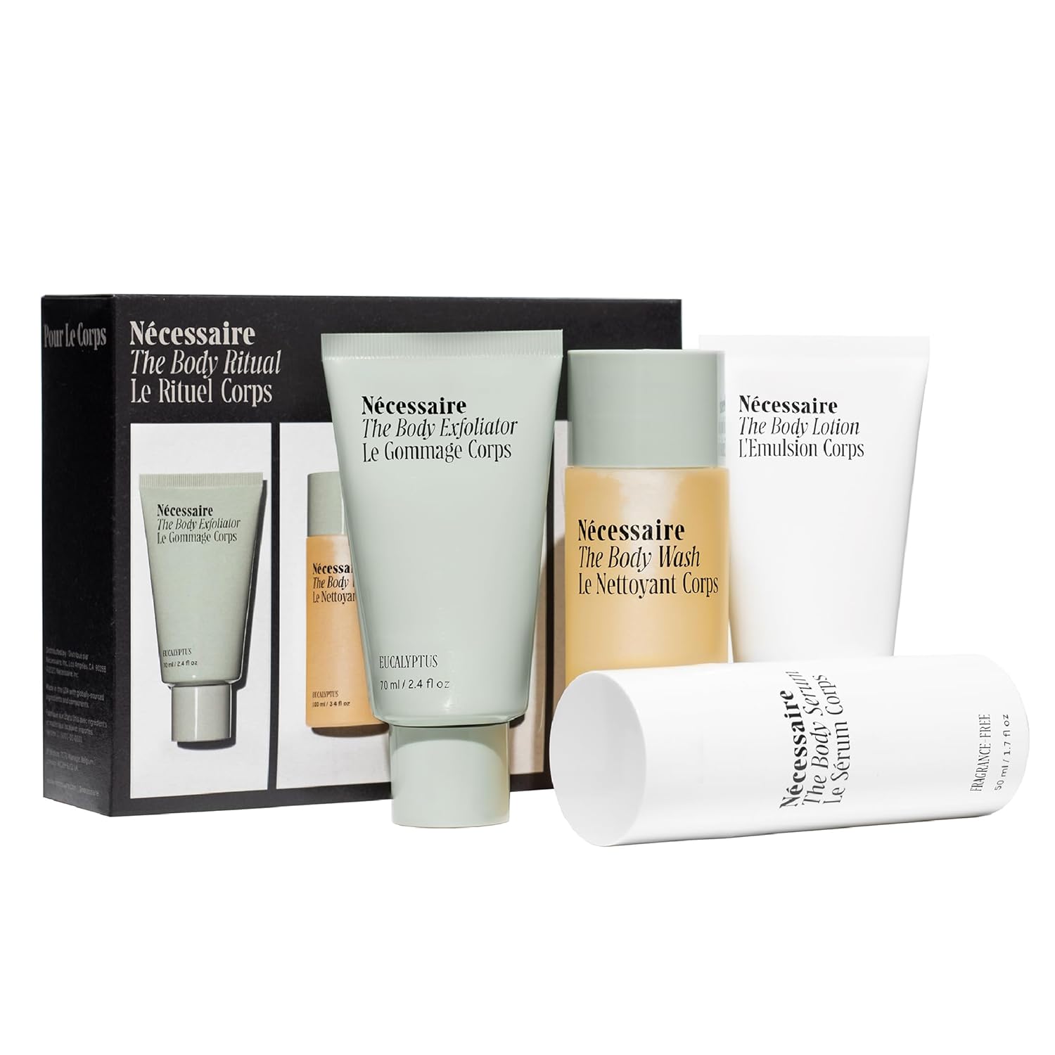 Nécessaire The Body Ritual Set. 4 X Travel-Size. Smooth, Replenish, Firm, Hydrate With Aha/Bha/Pha, Hyaluronic Acid, Peptides, Niacinamide. Dermatologist-Tested. Hypoallergenic. Non-Comedogenic