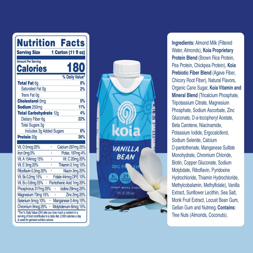 Koia - Plant Based Protein Shake - Vanilla Bean - 20G Protein, 3G Sugar, 6G Prebiotic Fiber, 21 Vitamins & Minerals - Dairy Free, Soy Free, Non Gmo - Meal Replacement Drinks - 11 Fl Oz, 12 Bottles