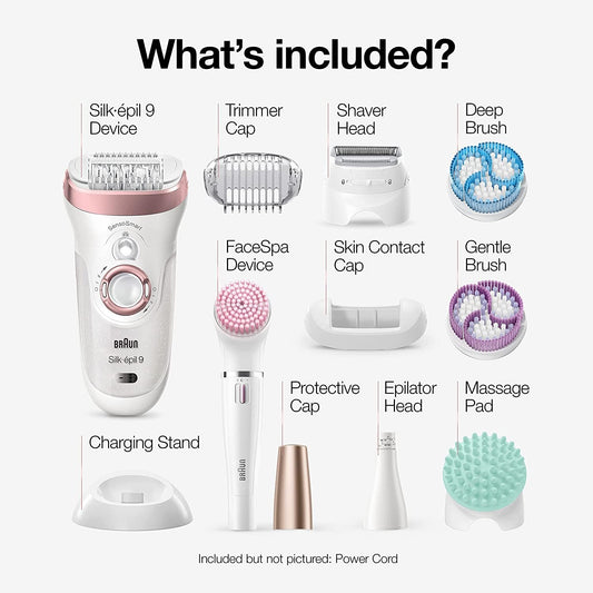 Braun Epilator Silk-Épil 9 9-985, Facial Hair Removal For Women, Hair Removal Device, Shaver, Cordless, Rechargeable, Wet & Dry, Facial Cleansing Brush