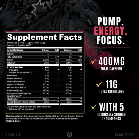 RYSE Up Supplements Noel Deyzel x Godzilla Pre Workout | Intense Pumps, Energy, & Focus | Citrulline & Beta Alanine | 400mg Total Caffeine | 40 Servings (Strawberry Kiwi)