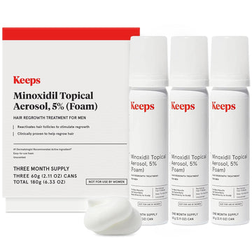 Keeps Extra Strength Minoxidil for Men Topical Aerosol Foam 5%, Hair Growth Treatment - 3 Month Supply (3 x 2.11oz Bottles) - Thicker, Longer Hair - Slows Hair Loss & Promotes Hair Regrowth