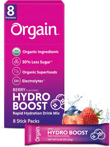 Orgain Organic Hydration Packets, Electrolytes Powder - Berry Hydro Boost With Superfoods, Vegan, Gluten-Free, No Soy Ingredients, Non-Gmo, Less Sugar Than Sports Drinks, 8 Count