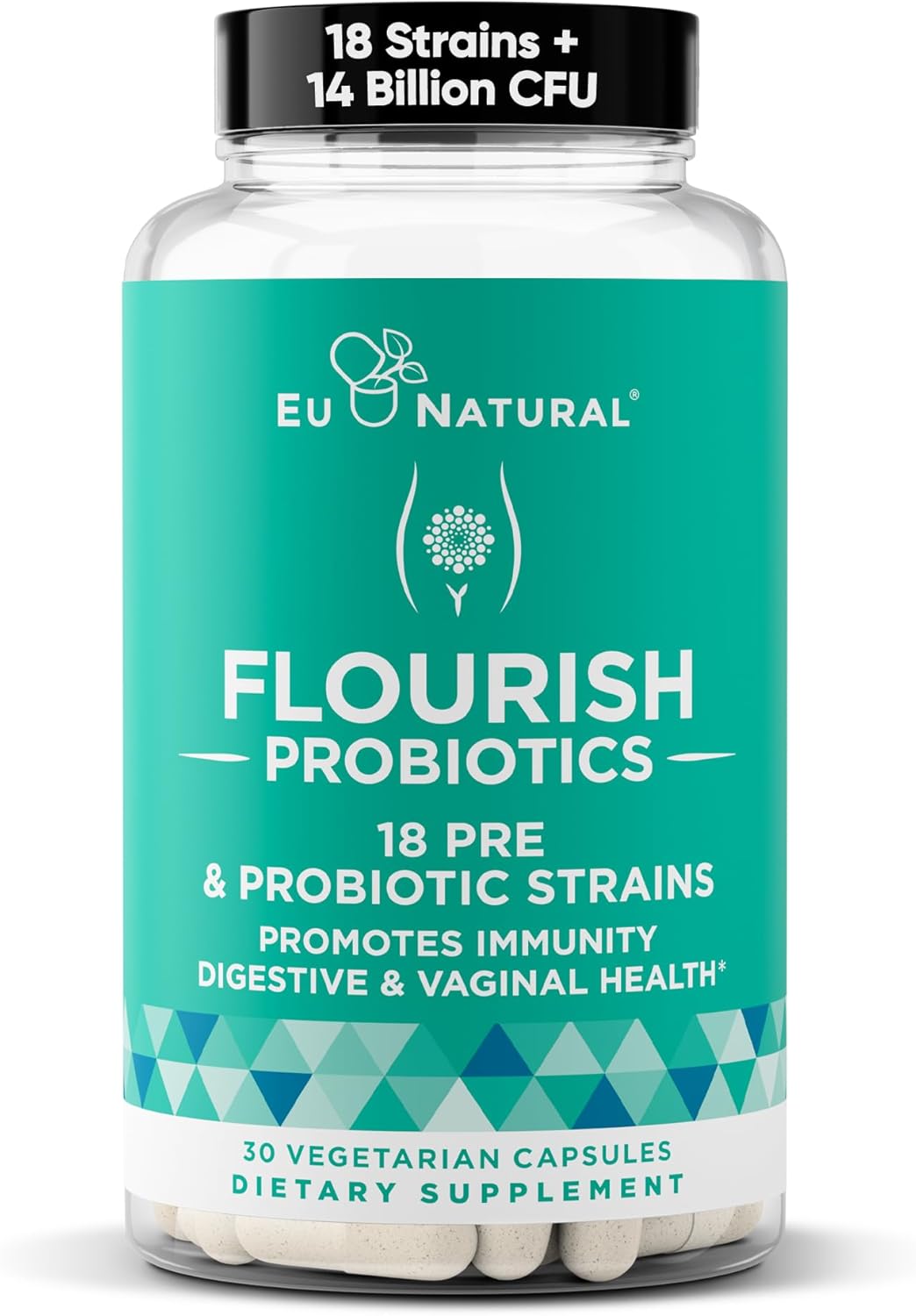 Flourish Probiotics + Prebiotics For Women – Gut And Digestion, Urinary Tract, Reduce Bloating, Vaginal Health – 18 Clinically Proven Strains, 14 Billion Cfu – 30 Shelf-Stable Mini Vegan Capsules