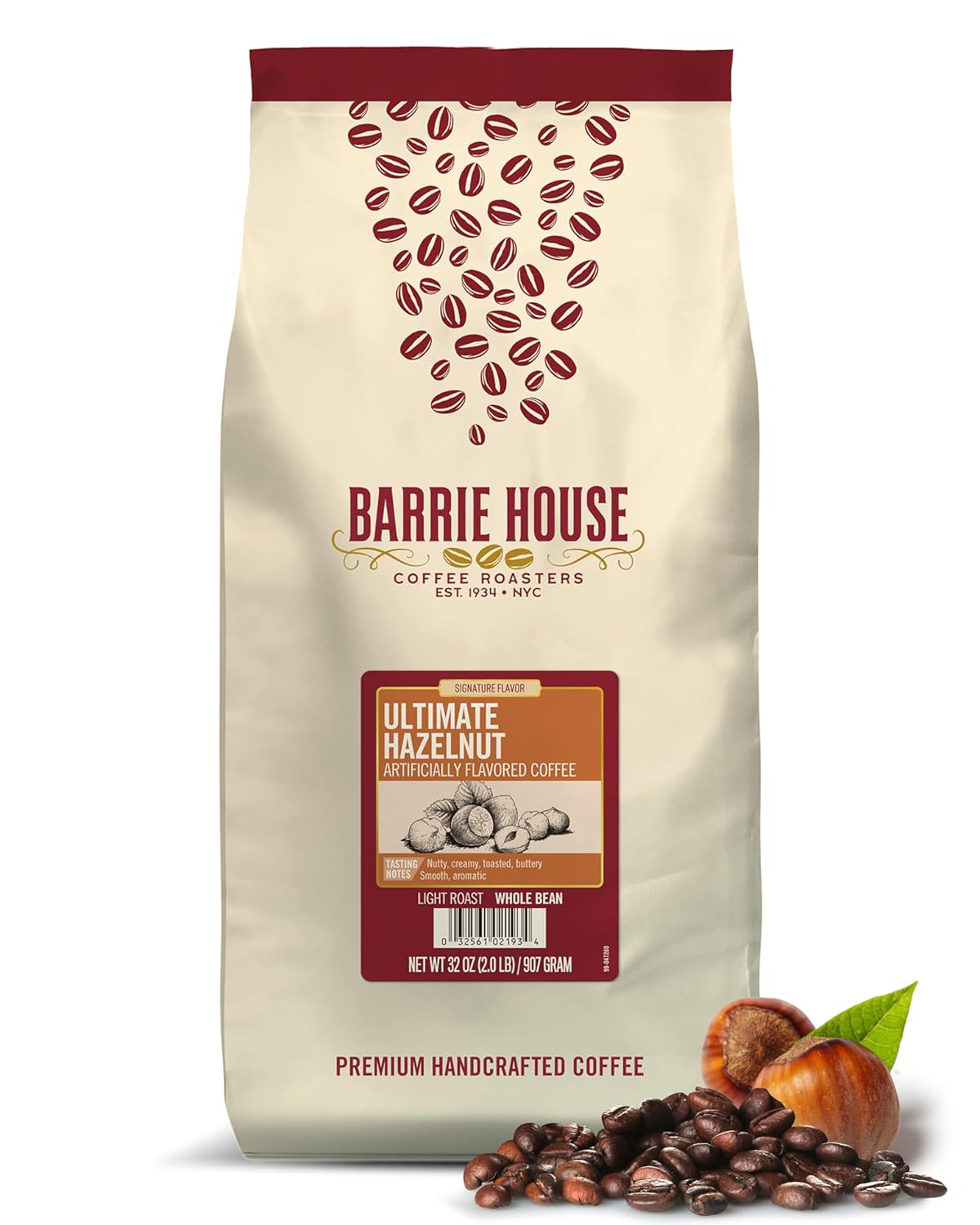 Barrie House Ultimate Hazelnut Flavored Whole Bean Coffee | 2 Lb Bag | 100% Arabica Coffee Beans | Artificially Flavored