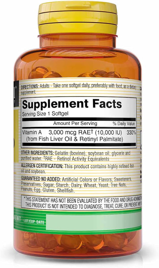 MASON NATURAL Vitamin A 3,000 mcg 10000 IU from Fish Liver Oil, Promotes Healthy Vision, Supports a Healthy Immune System, Essential Nutrient, Softgels, Yellow, 100 Count, Pack of 3