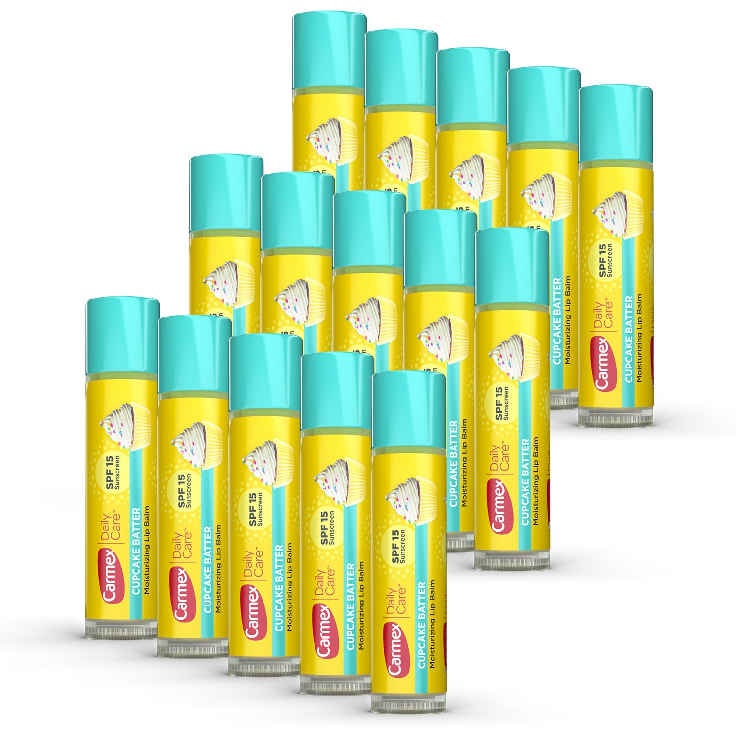 Carmex Daily Care Moisturizing Lip Balm With Spf 15, Cupcake Batter Lip Balm Sticks, 0.15 Oz Each - 15 Count