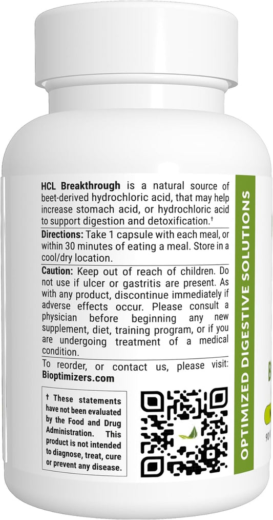 BiOptimizers HCL Breakthrough - Betaine Hydrochloride Enzymes Supplement - Assists with Protein Breakdown and Absorption - Helps Gas and Heartburn Relief - 90 Pepsin-Free Capsules