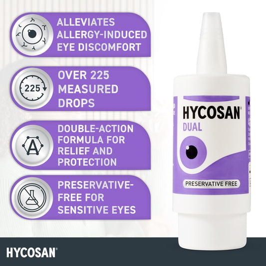 Hycosan Dual - Double Action Eye Drops With Hyaluronic Acid And Ectoin For Soothing Relief Of Itchy, Burning Or Dry Eyes Due To Allergens - Preservative Free - 225 Measured Doses