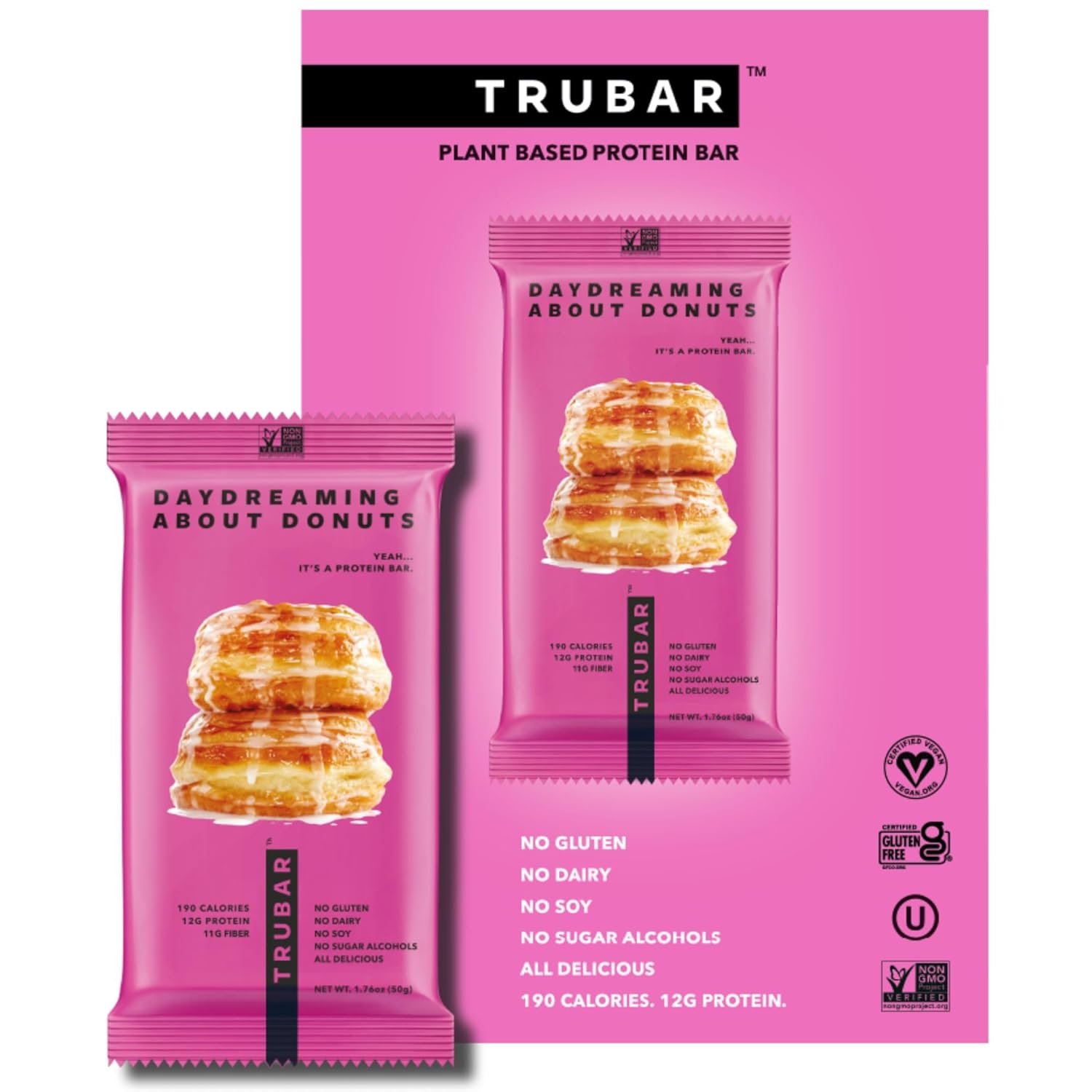 Trubar Vegan Protein Bar, Daydreaming About Donuts, Gluten Free, Plant Based Protein, Dairy Free, Non Gmo, Soy Free, No Sugar Alcohols, 12G Protein, 12G Fiber, 23G Carb, On The Go Snack Bars, 12 Ct