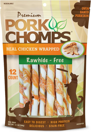 Pork Chomps Baked Pork Skin Dog Chews, 5-Inch Mini Twists, Real Chicken Wrap, 12 Count