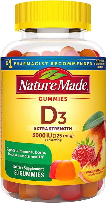 Nature Made Extra Strength Vitamin D3 5000 IU (125 mcg) per serving, Dietary Supplement for Bone, Teeth, Muscle and Immune Health Support, 80 Gummies, 40 Day Supply, 80 Count (Pack of 1)