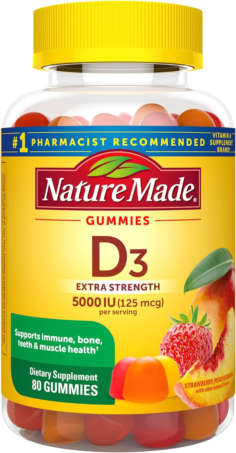 Nature Made Extra Strength Vitamin D3 5000 Iu (125 Mcg) Per Serving, Dietary Supplement For Bone, Teeth, Muscle And Immune Health Support, 80 Gummies, 40 Day Supply
