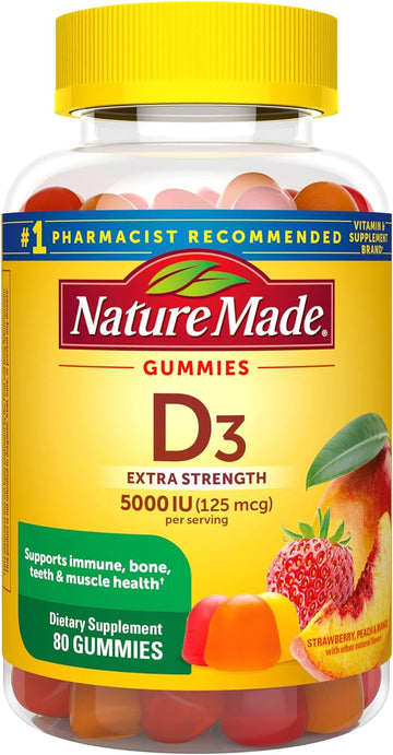 Nature Made Extra Strength Vitamin D3 5000 Iu (125 Mcg) Per Serving, Dietary Supplement For Bone, Teeth, Muscle And Immune Health Support, 80 Gummies, 40 Day Supply