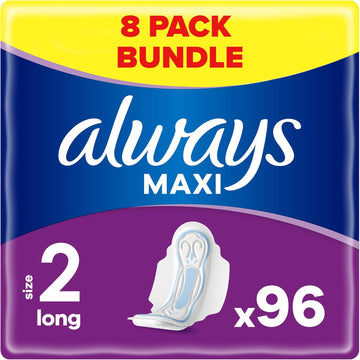 Always Maxi Sanitary Towels with Wings, Size 2, Long, 96 Towels (12 x 8 Packs), Anti-leakage Barriers, Protection & Comfort