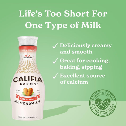 Califia Farms - Extra Creamy Almond Milk, 48 Oz, Dairy Free, Vegan, Plant Based, Vegan, Gluten Free, Non Gmo, High Calcium, Smoothie