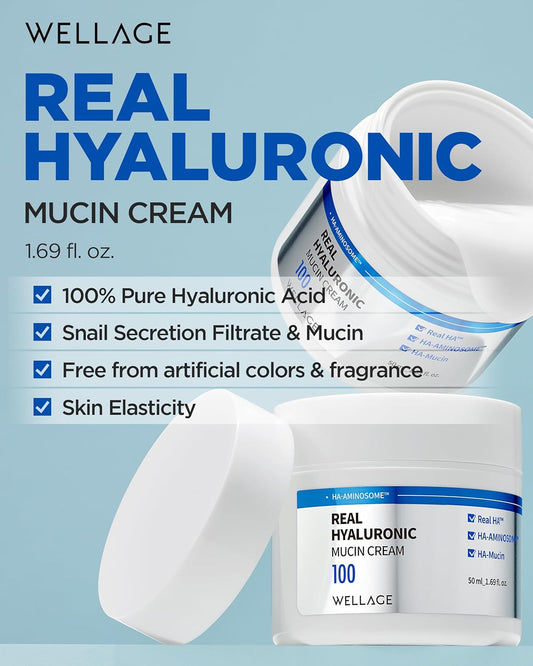 Wellage Real Hyaluronic Mucin Cream - Korean Daily Face Gel Moisturizer - Ultimate Hydration And Elasticity With Pure Hyaluronic Acid And Snail Mucin - For All Skin Types, 1.69Oz