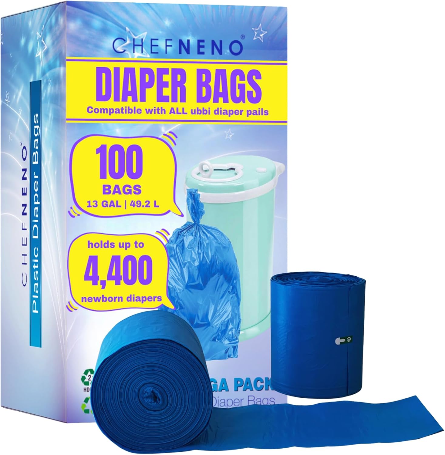 Disposable Diaper Pail Refill Plastic Bag (100 Count) Compatible With Ubbi Diaper Bag Pail 13 Gal Capacity Diaper Pail Bag Fits 8 Gallon Medium Kitchen Trash Bag Heavy Duty Large Garbage Bag, 100 Bags