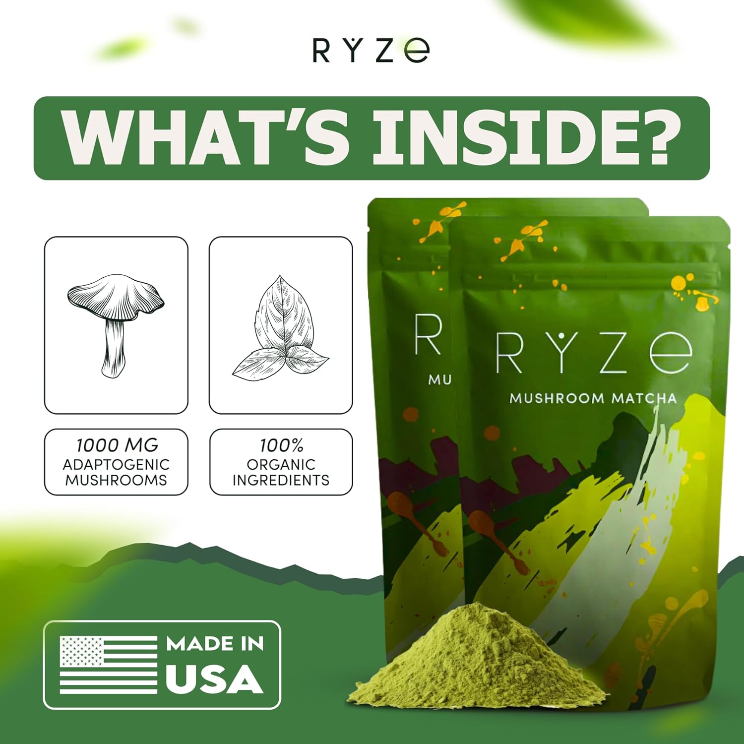 Ryze Mushroom Matcha Starter Kit | Matcha Bundle | 6 Adaptogenic Mushrooms | Usda Organic | Ceremonial-Grade Japanese Matcha | Usa Grown | Better Energy, Focus, Digestion, Immunity | 60 Servings