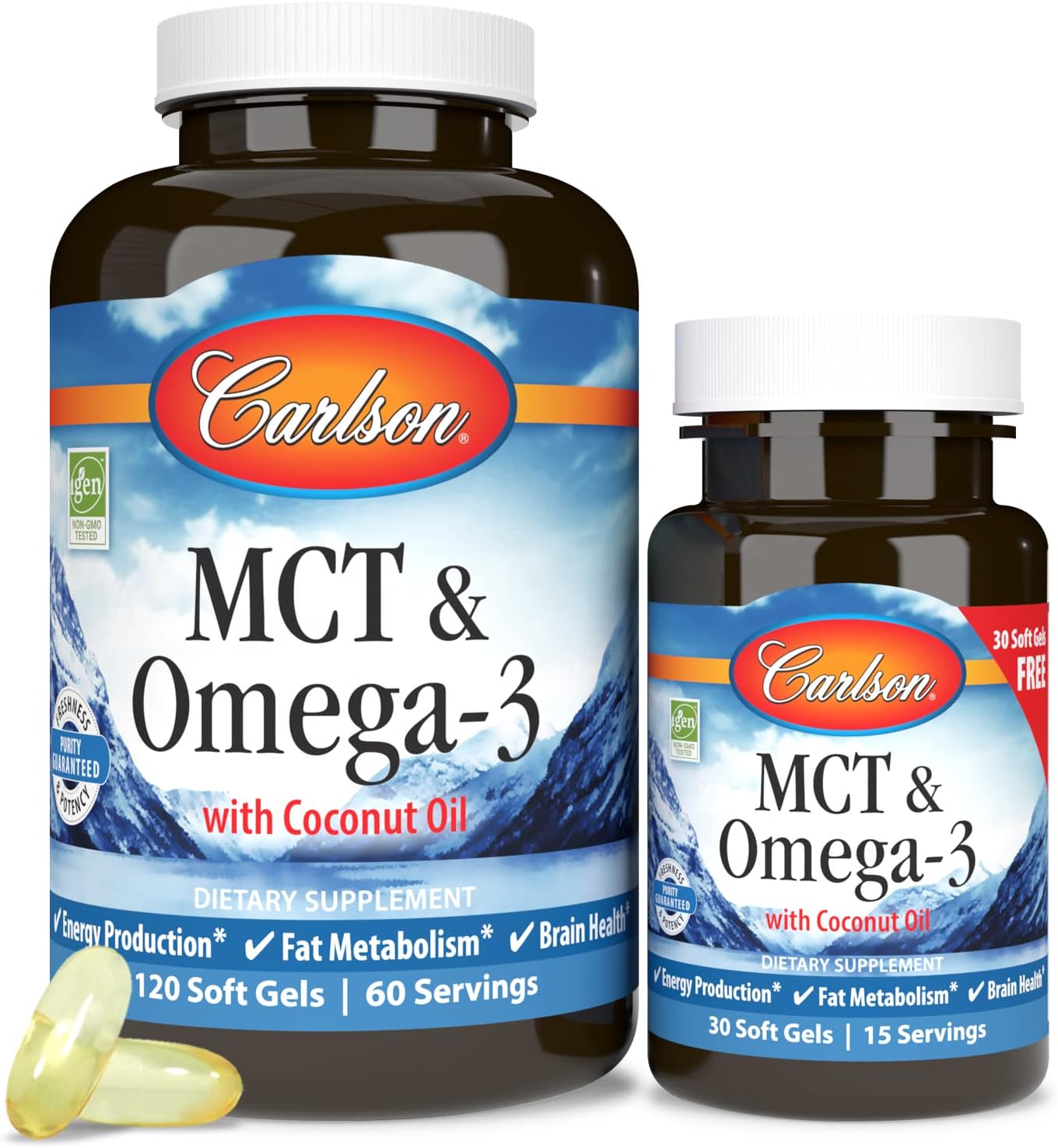 Carlson - Mct & Omega-3, Coconut Oil, Caprylic & Capric Acids, Epa & Dha, Energy Production, Fat Metabolism & Brain Health, 120+30 Softgels : Health & Household