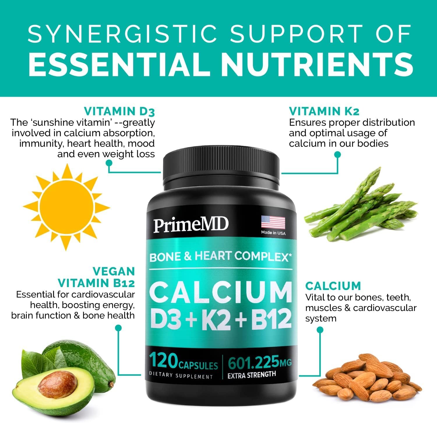 PrimeMD 4-in-1 Calcium Supplements for Women & Men - Calcium 600mg with Vitamin D3 K2 B12 5000 IU Supplement for Heart, Bone & Body Defenses - Gluten-Free, Non-GMO, Vegan Friendly (120 Count) : Health & Household