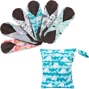 Teamoy 6Pcs 8 Inch Reusable Pads, Cloth Menstrual Pads Washable Period Pads With Charcoal Absorbency Layers, Fit For Light Flow (Cute Whale, Small)