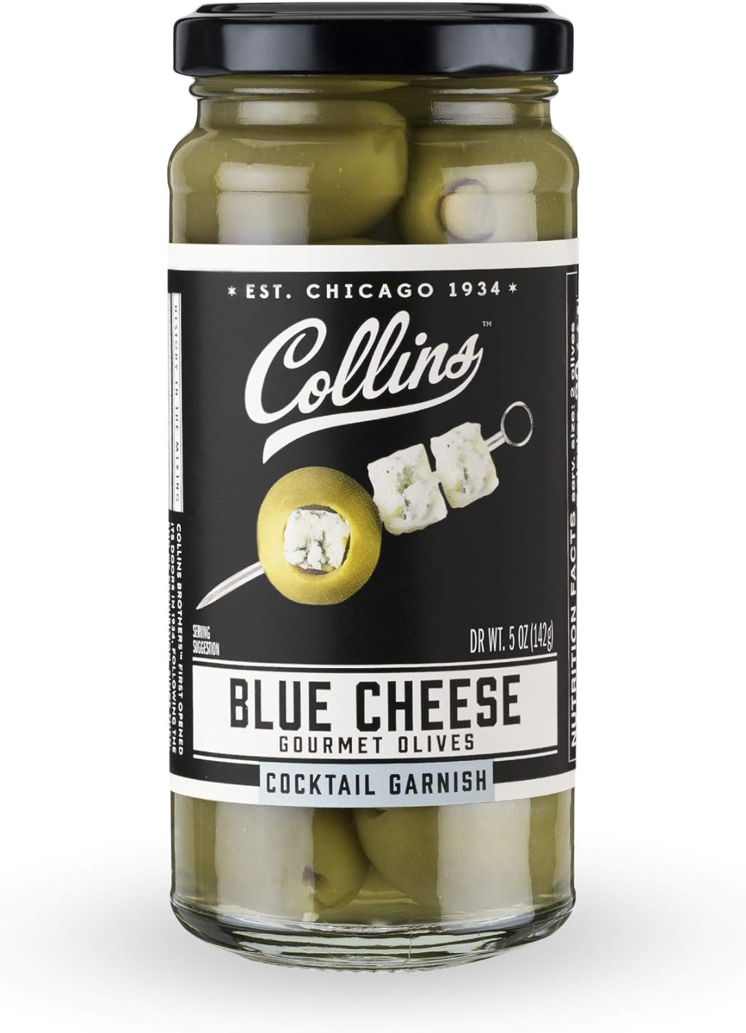 Collins Gourmet Blue Cheese Olives, Premium Stuffed-Cheese Garnish for Cocktails, Martinis, Bloody Marys, Snack Trays, Charcuterie, and Salads, Condiment Olives, 4.5 Oz: Home & Kitchen