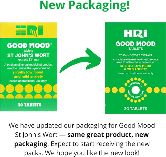 Hri Good Mood 30 Tablets - To Relieve The Symptoms Of Slightly Low Mood And Mild Anxiety. 334 Mg Of St John'S Wort Extract, Equivalent To 1670Mg – 2338Mg Of St John’S Wort. 1 Pack