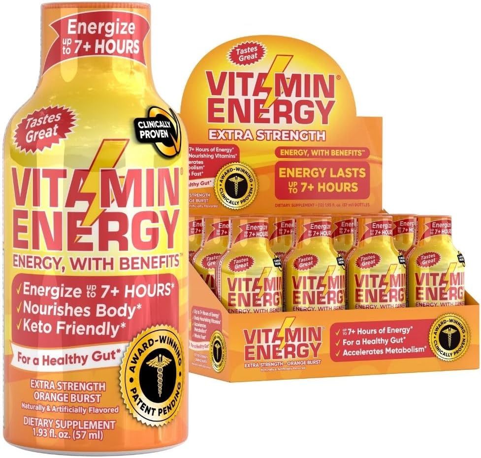 Vitamin Energy Extra Strength Energy Drink Shots | Natural Nutrients To Energize & Support Immune System | Sugar & Carb-Free | Immunity Formula | Up To 7+ Hours | Orange Burst- 1.93 Fl Oz - Pack Of 12