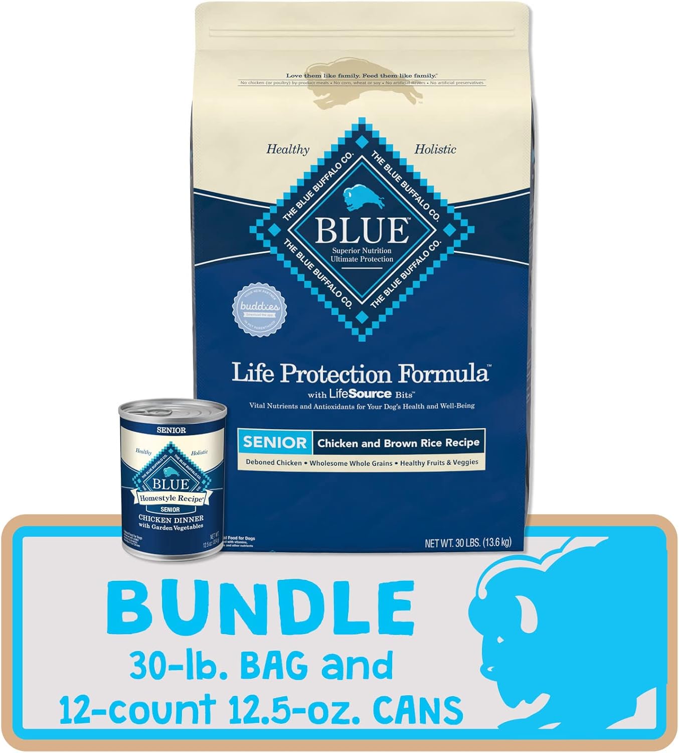 Blue Buffalo Life Protection Formula Natural Senior Dog Food Bundle, Dry Dog Food and Wet Dog Food, Chicken (30-lb Dry Food + 12.5oz cans 12ct) : Pet Supplies