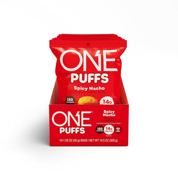 One Puffs, Spicy Nacho Flavor, 14G Of Protein, Protein Snacks For On The Go, 150 Calories Per Snack (10 Pouches)