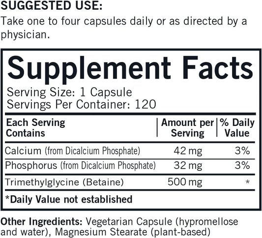 Kirkman Tmg 500 Mg - Hypoallergenic -120 Vegetarian Capsules - Trimethylglycine - Gluten Free - Casein Free