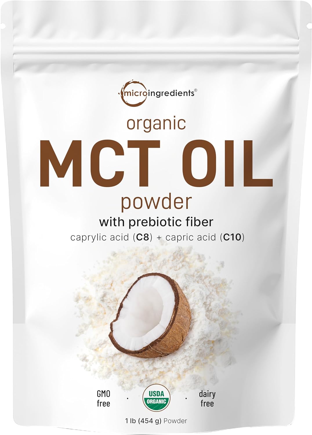 Micro Ingredients Organic MCT Oil Powder with Prebiotic Fiber,1 Pound(16 Ounce), Fast Fuel for Body and Brain, C8 MCT Oil for Coffee Creamer, No GMOs, Keto Diet, Vegan